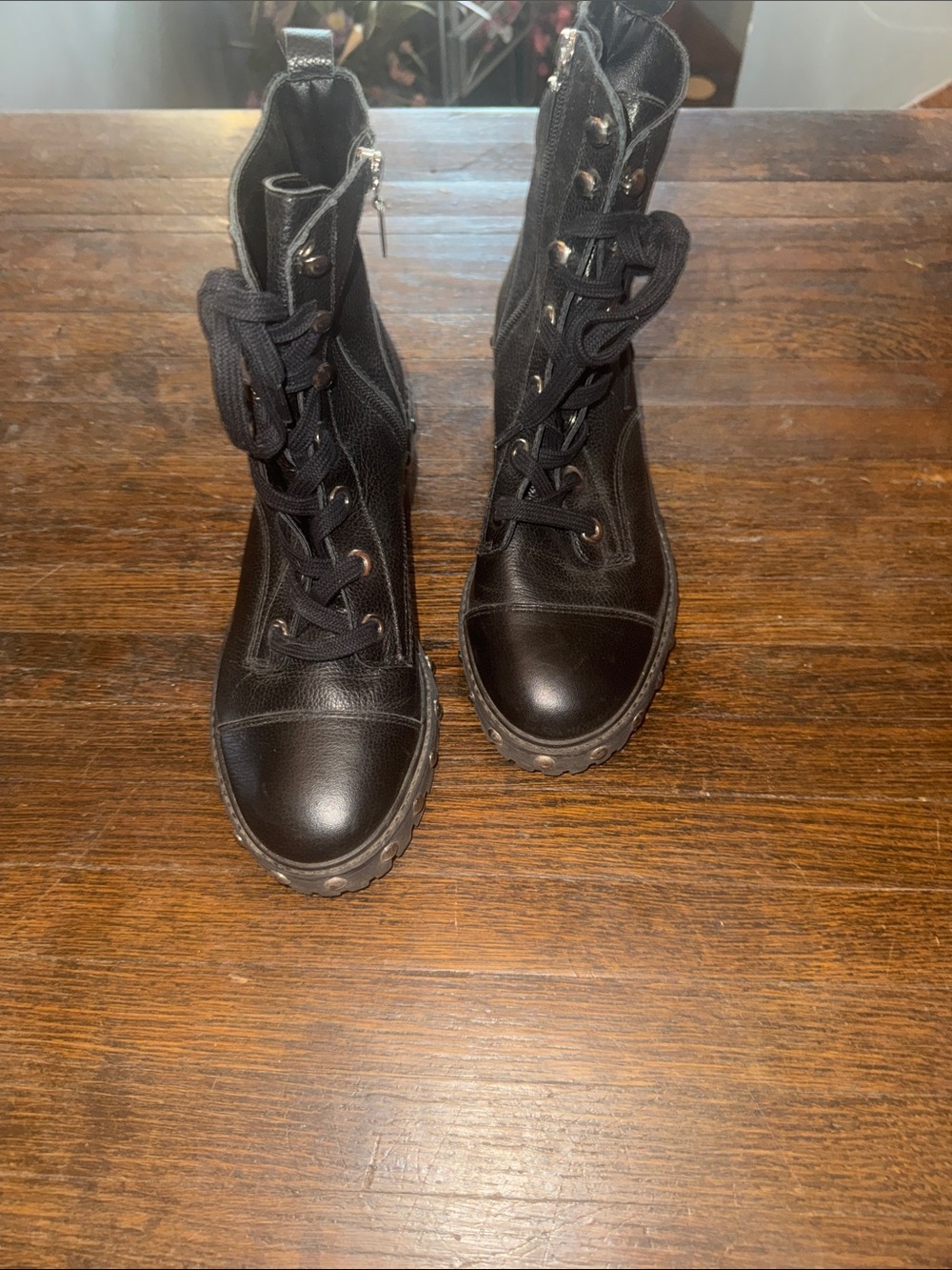 SCHUTZ Black Lace-Up Combat Boots with Side Zipper